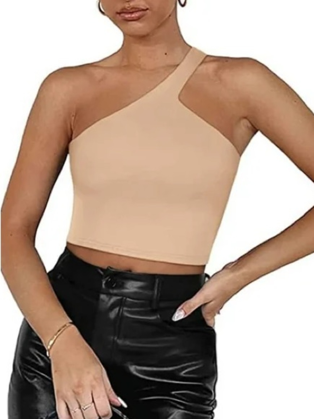 NWT ReoRia Solid Nude One-Shoulder Cropped Tank Top